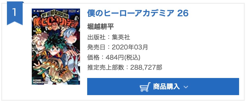 My Hero Academia volume 26 sells 288,727 copies in first week (March 2 - March 8), ranking #1 on the weekly sales chart. 

Source: Oricon