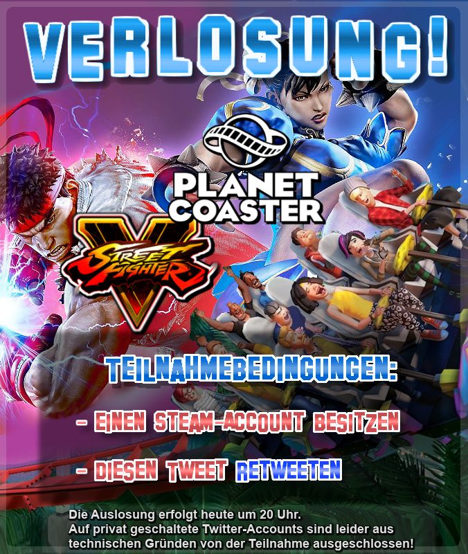 Sabishi1985's tweet photo. ++ VERLOSUNG ++

Die Mischung machts: Heut gibts "Planet Coaster" und "Street Fighter V" zu gewinnen!

Platz 1 darf sich ein Spiel aussuchen, Platz 2 bekommt das jeweils andere Game.^^

(Wichtig: Zum Teilnehmen einfach nur retweeten, kein "Mit Kommentar retweeten"!)

#SabiVerlost https://t.co/yXZoERxw5M
