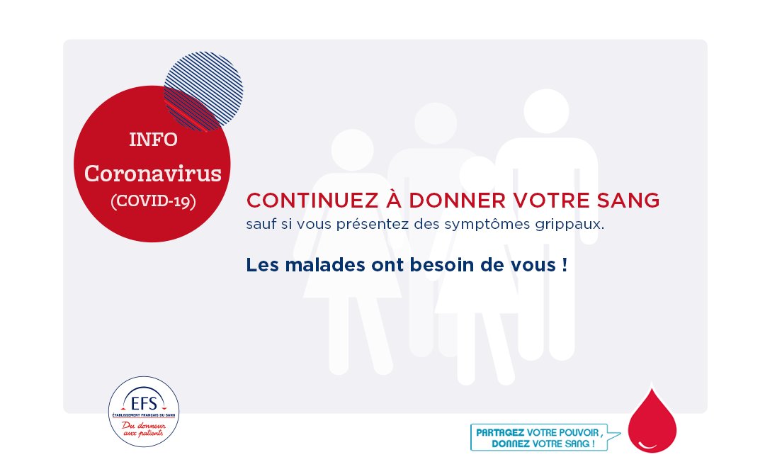 [#Coronavirus #COVID19 ] Mobilisez-vous pour le #DonDeSang🩸 ! 

✅ Les lieux de collecte de sang sont considérés par les autorités de l’Etat comme des lieux publics autorisés car vitaux et indispensables.