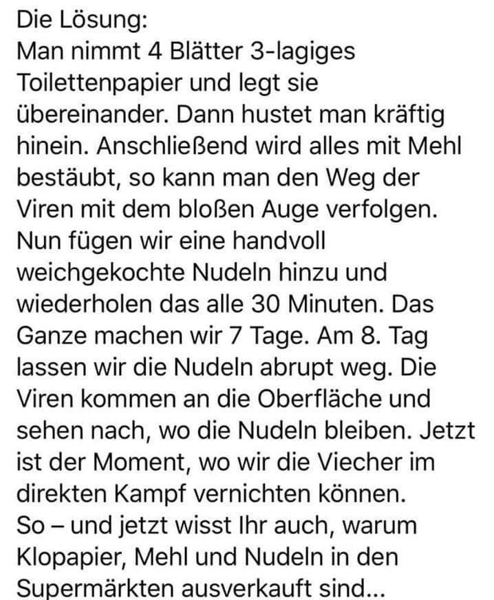 Nun endlich herausgefunden warum bei #coronavirus solche hamsterkäufe mit den unsinnigsten Kombinationen aus Lebensmitteln stattfinden.