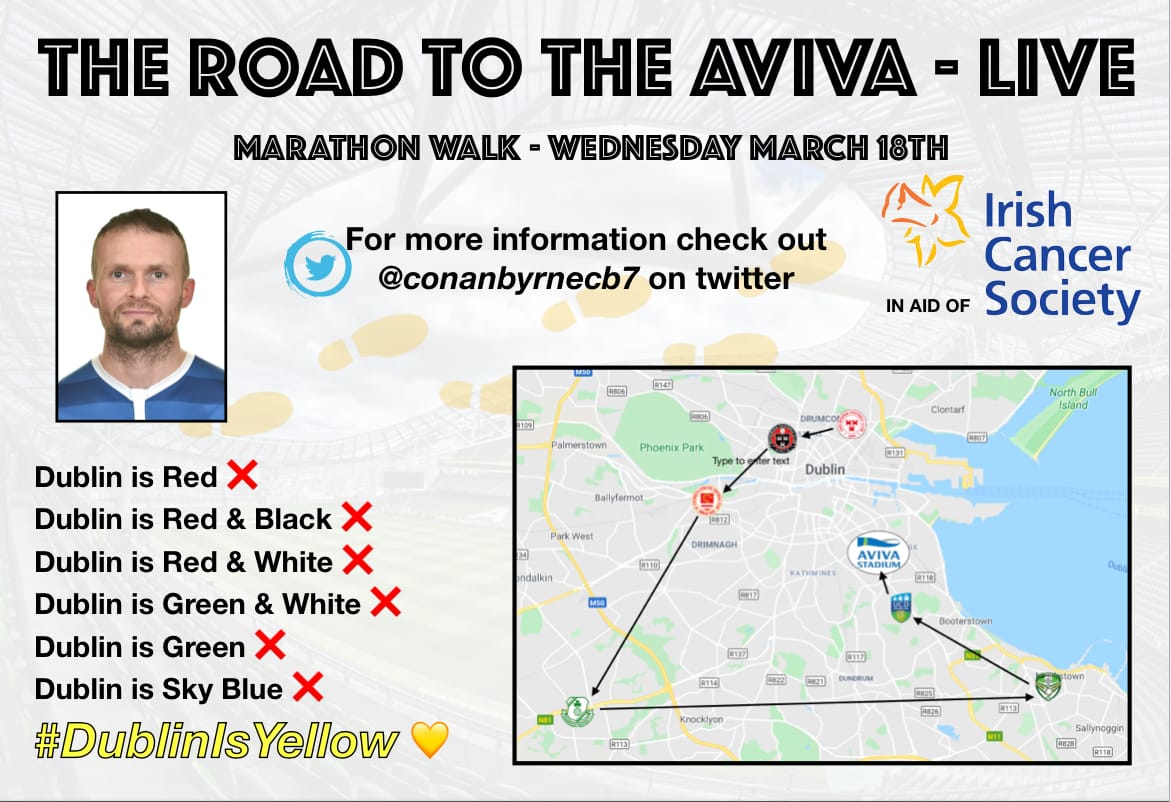 To help in a very small way, I have decided to do a Marathon Walk taking in every @SSEAirtricityLg
Stadium in Dublin for the <a href="/IrishCancerSoc/">Irish Cancer Society</a> on Wednesday.
#DublinisYellow 

Follow the link for more info👇

Please pass it on.

gofundme.com/f/1xezsfqlpc?s… <a href="/gofundme/">GoFundMe</a>