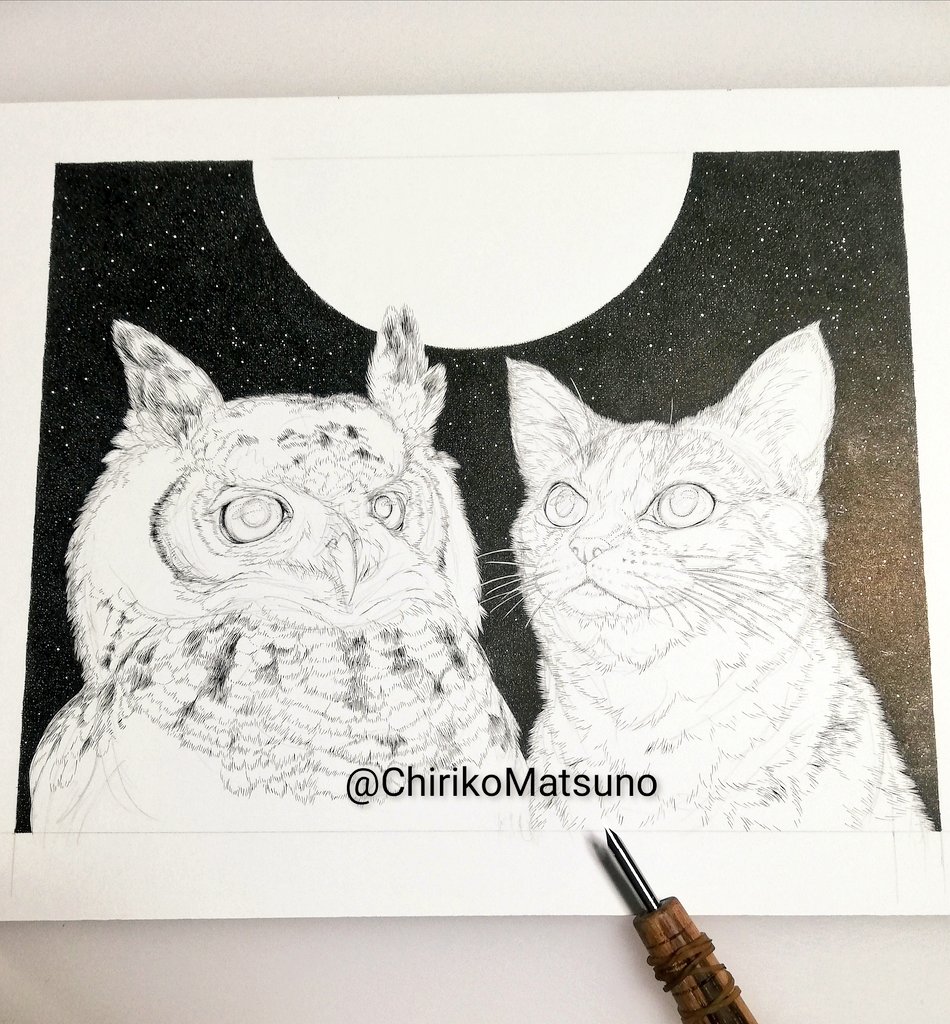 ちりこ 線描画 4月 鳥withねこ展 ジワジワ進んでおります 勿論 月は点描で ペン画 フクロウ ネコ 梟と猫は似ている T Co Dmz8tlpj36 Twitter