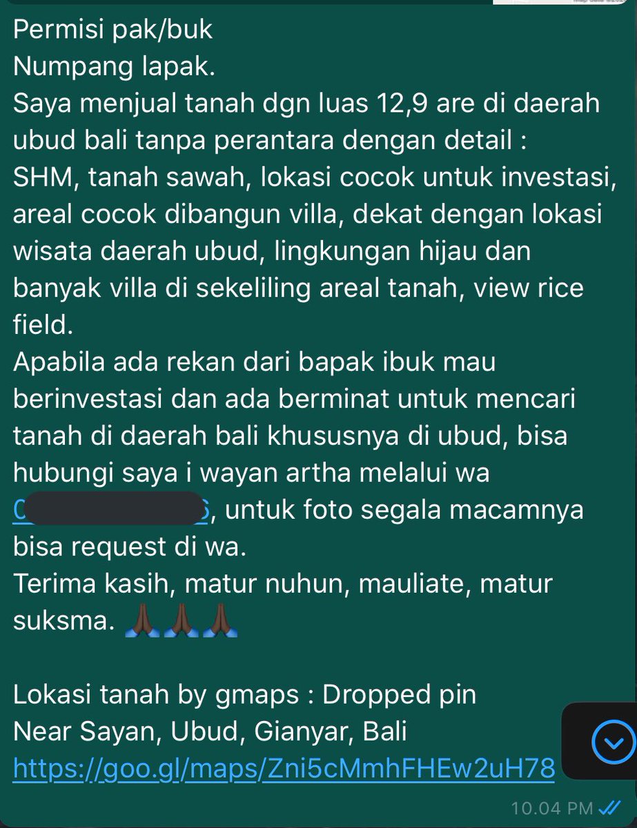 ArthaWijaya_'s tweet photo. Untuk sesekali saya butuh MAGIC dari twitter. Yo twitter, do your magic please.
DIJUAL TANAH di Daerah wisata Ubud Bali, tanah milik pribadi. Cocok untuk yg mau investasi/membangun villa di bali. Untuk keterangan lebih lengkap cek di foto dibawah 🙏🏿 https://t.co/kzpJQin9AA