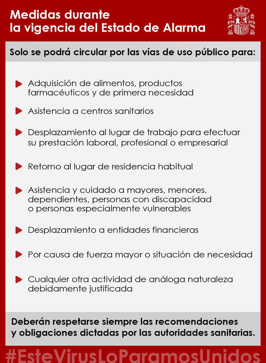 PoliciaAlbacete's tweet photo. Insistimos🔴
Si te estás planteando cualquier desplazamiento o salida a la vía pública, o nos estás preguntando por redes, te decimos que en el estado de alarma, decretado por el Gobierno,se limita la libre circulación y sólo se permite lo estrictamente necesario👇🏼 #quedateencasa https://t.co/CLPEjl1cxS