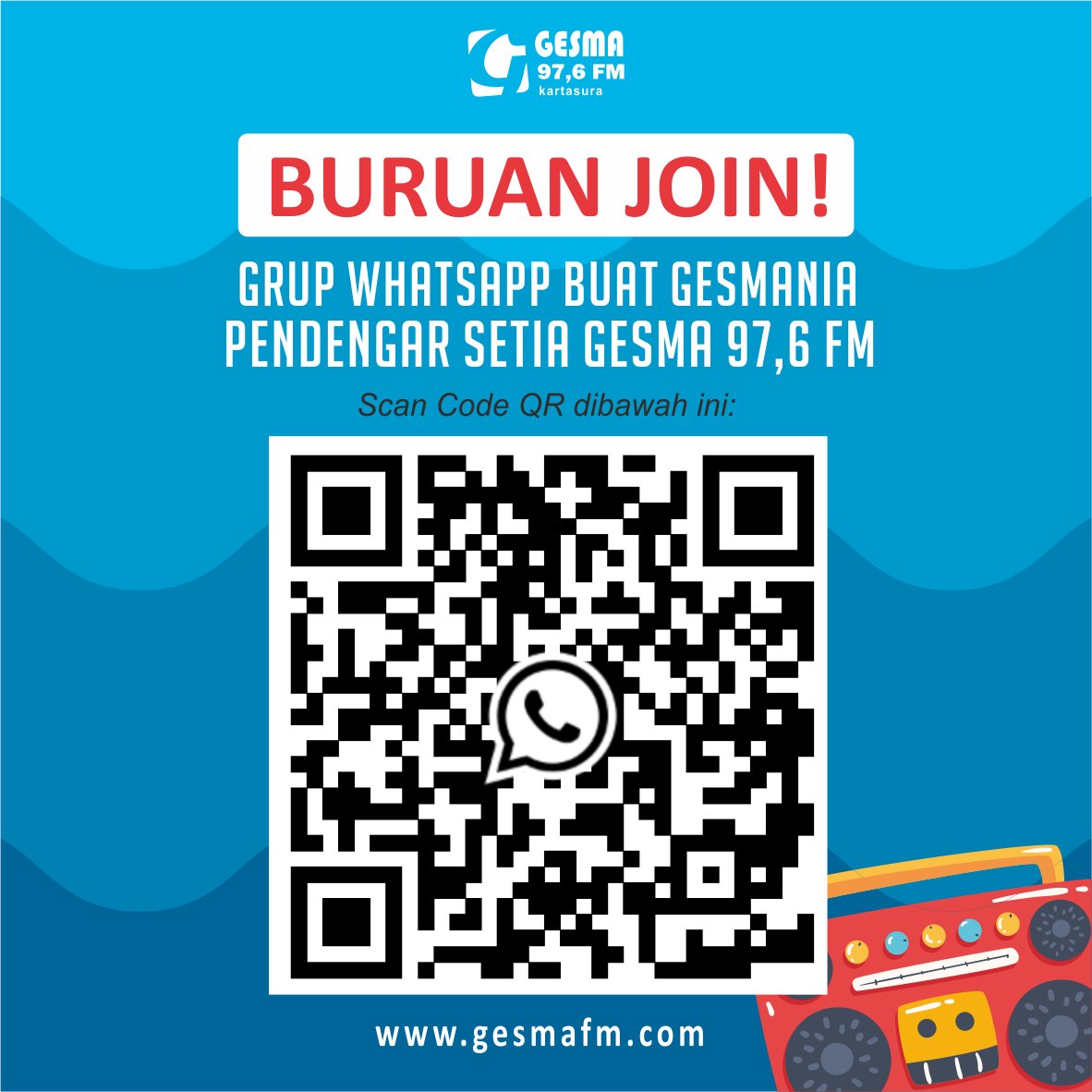Grup WhatsApp pendengar Radio Gesma Fm. 
Silakan bagi Gesmania bisa atensi , request lagu, titip salam disini boleh bebas.
Wa/sms : 085 880 543 976
Tlp : (0271) 744211
Ig/tw/yt : <a href="/GesmaRadio/">Gesma FM Kartasura</a>
Grup Ikuti tautan ini untuk bergabung ke grup WhatsApp saya: chat.whatsapp.com/BXbyCYUm6Jb6Si…