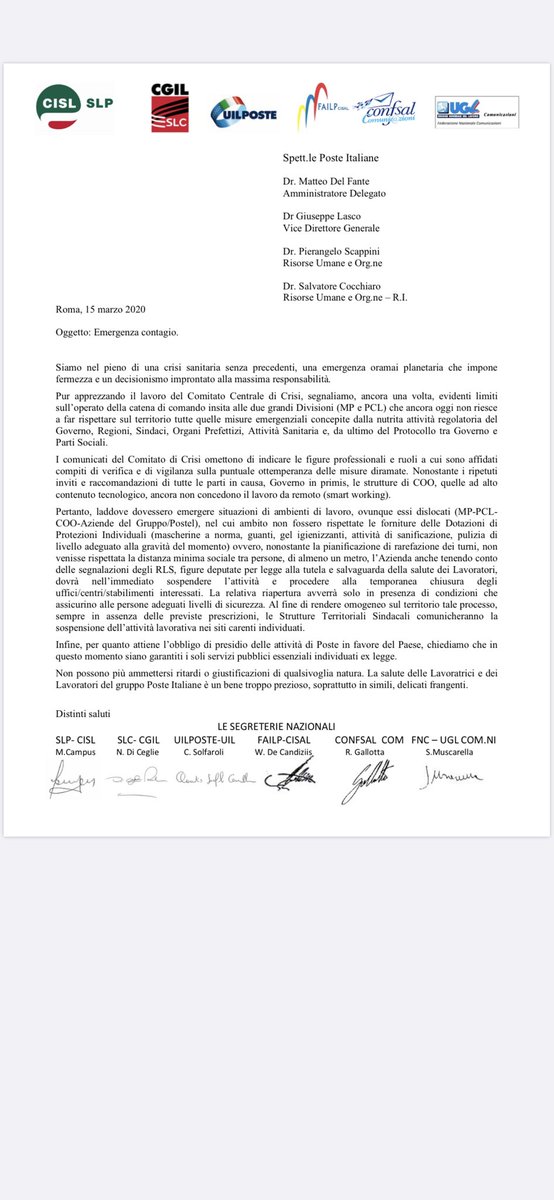 Comunicato Unitario Emergenza contagio
15 marzo 2020 #uilposte #uil