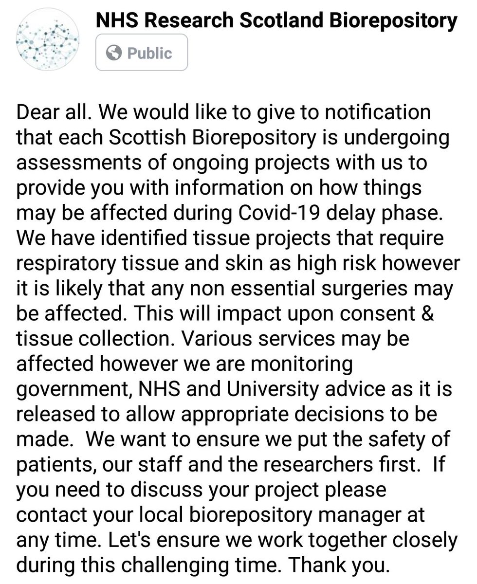 During Covid 19 delay phase implementation, there will be disruption to ongoing projects. Please contact your local biorepository manager to discuss. The safety of patients, staff and researchers is paramount. Thank you.

facebook.com/10088129391873…
