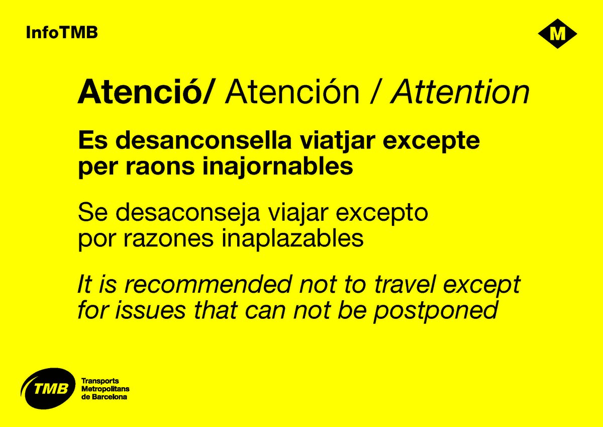 TMB_Barcelona's tweet photo. ❗️Es desaconsella viatjar excepte per raons inajornables

❗️Se desaconseja viajar excepto por razones inaplazables.

❗️It is recommended not to travel except for issues that can not be postponed

#COVID19 #QuedatACasa https://t.co/0wgd7f2rcY