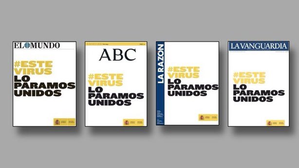 CarodRoviraJLl's tweet photo. Posant de manera subliminal el virus de color *groc*  i el missatge polític de la *unitat* com a resposta, queda ben clar q la premsa espanyola no parla del coronavirus sinó de Catalunya! https://t.co/wUjQQNHWnf