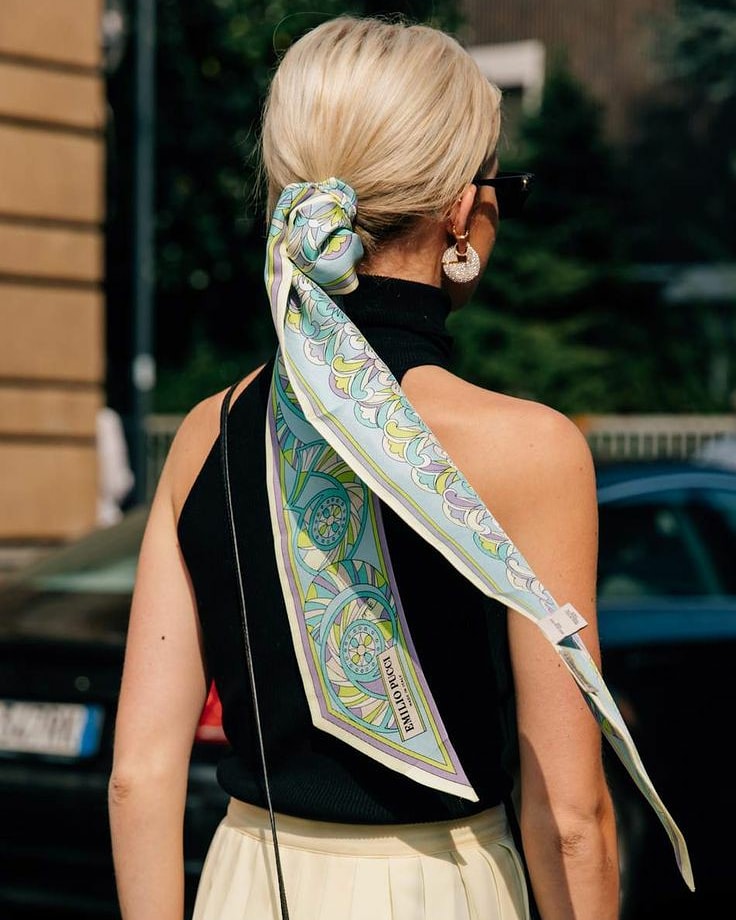 Wrap your #silk #scarf  around a bun and let loose at the back for a perfect #chic #Weekend look.
#styleinspo #styledaily #silkscarf #scarfstyle #partystyle #hsirinspo #hair #hairstyles