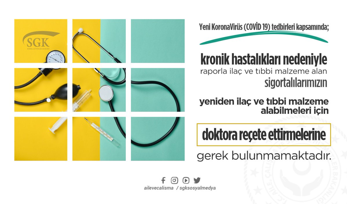 sgksosyalmedya's tweet photo. 📣
Kronik hastalıkları nedeniyle raporla ilaç ve tıbbi malzeme alan sigortalılarımızın yeniden ilaç ve tıbbi malzeme alabilmeleri için;

R E Ç E T E
E T T İ R M E L E R İ N E

G E R E K
B U L U N M A M A K T A D I R

#HizmetOnlineVirüsOffline ✅ https://t.co/enE2VeqDa7