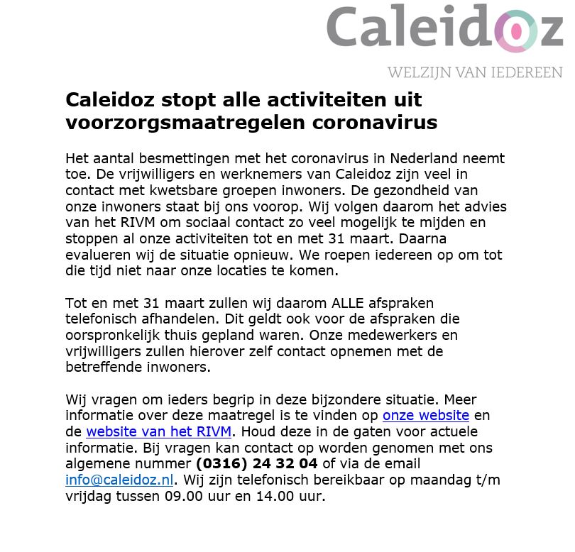 Ook #Caleidoz neemt voorzorgsmaatregelen betreffende het #Coranovirus! Voor het jongerenwerk <a href="/Zevenaar/">Gemeente Zevenaar</a> houdt dat o.a. in dat wij alle activiteiten (dus ook de inlopen) stoppen t/m 31 maart. Ook sluiten wij in deze periode LC Jong <a href="/liemerscollege/">Liemers College</a> Landeweer.