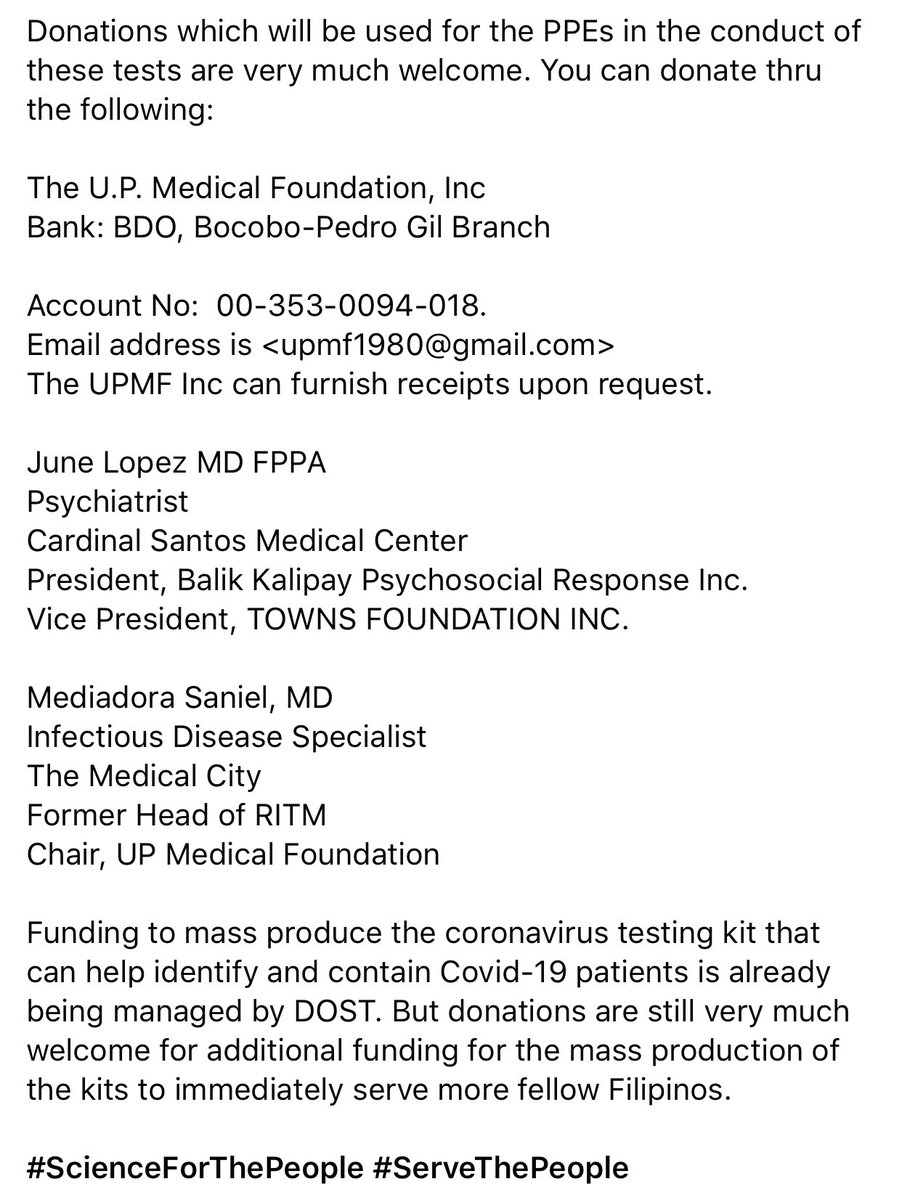 OUR UP SCIENTISTS NEED HELP! Bayanihan laban sa COVID-19!

The UP Medical Foundation is seeking for the public’s help to aid in the fight on the public health crisis in the country. Let’s help our frontliners with their UP-developed test kit!

Donations info below
#ServeThePeople