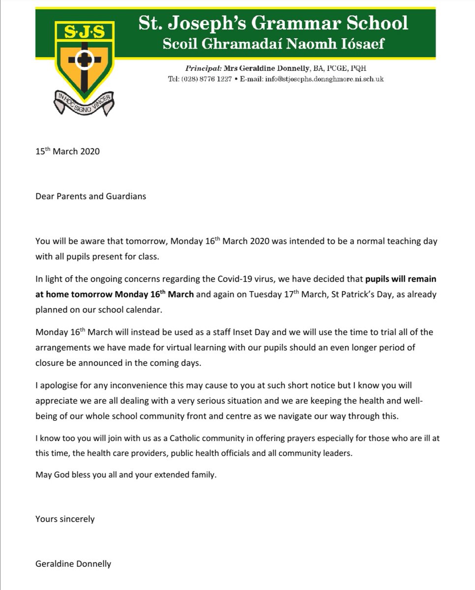 Please see attached letter from Mrs G Donnelly regarding tomorrow Monday 16th March.