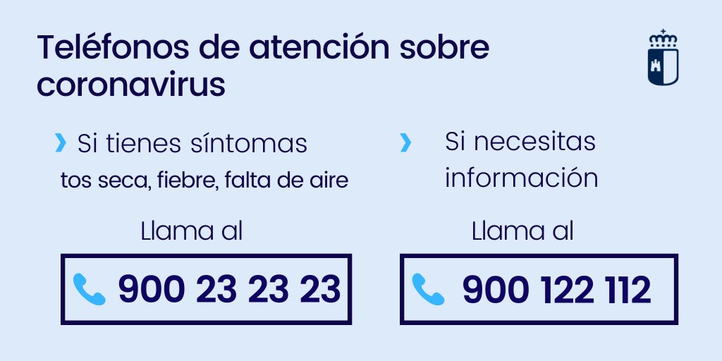 Sanidad CLM (@sanidadclm) on Twitter photo 📱Desde hoy tenemos dos líneas de atención sobre coronavirus:
🔹Si tienes síntomas: tos, fiebre, falta de aire
👉900 23 23 23
🔹Si necesitas información
👉900 122 112
🚑El <a href="/112clm/">112 Castilla-La Mancha</a> es solo para emergencias 📱Desde hoy tenemos dos líneas de atención sobre coronavirus:
🔹Si tienes síntomas: tos, fiebre, falta de aire
👉900 23 23 23
🔹Si necesitas información
👉900 122 112
🚑El <a href="/112clm/">112 Castilla-La Mancha</a> es solo para emergencias