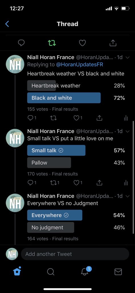 HoranUpdatesFR's tweet photo. Niall, the french’ favourite song is black and white! #HeartbreakWeather https://t.co/X6bvOHSNq2
