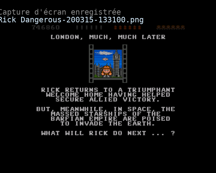 NicoLimz1's tweet photo. La persévérance a payé ! 30 ans après l'avoir découvert ... je viens de terminer Rick Dangerous !! #retrogaming #Batocera #RickDangerous https://t.co/GjpZflPw2k