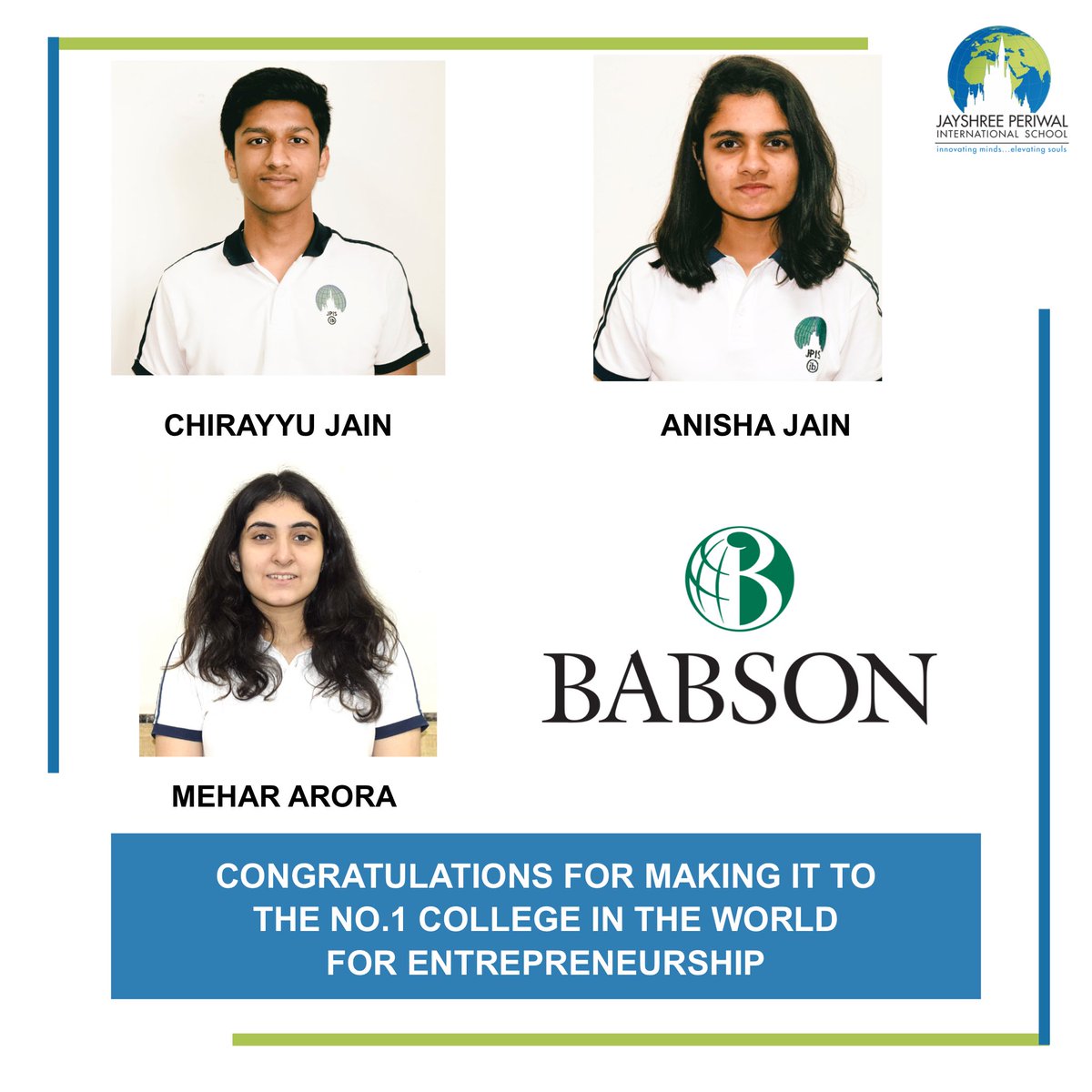 JPites Chirayu Jain, Mehar Arora from the Boarding House and  Anisha Jain make it to Babson College - Ranked No. in the World for Entrepreneurship.

#babsoncollege #jpis #jpischool #education #highereducation  #universityplacement #prestigious #globaled #globaleducation