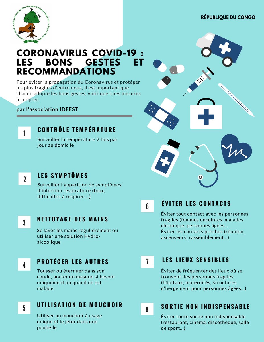 IDEEST1's tweet photo. Des gestes simples peuvent aider à limiter la propagation du Coronavirus et vous protéger, vous et votre entourage : suivez-les !

#Coronavirus #COVIDー19 #ChezMoiAuCongo #Congo #Brazzaville https://t.co/uPieVFowY3