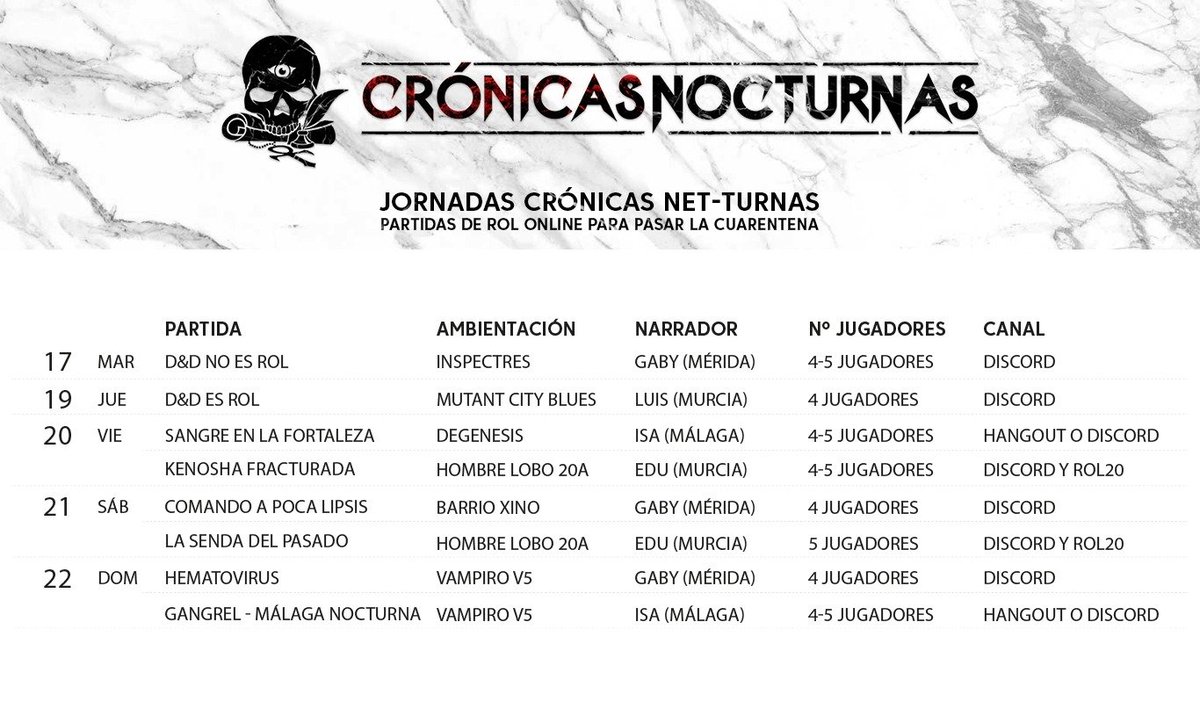 Estas son las partidas de que narraré en línea para <a href="/CroNocturnas/">Crónicas Nocturnas</a> durante el estado de alarma por la #COVIDー19. 
Vampiro: La Mascarda V5 - <a href="/Nosolorol/">Nosolorol</a> <a href="/wwpublishing/">Women's Writes Publishing and Author Services</a> 
Barrio Xino: La Factoría de Ideas
InSpectres - <a href="/Nosolorol/">Nosolorol</a> <a href="/jaredsorensen/">Jared Sorensen</a>

INSCRIPCIONES: docs.google.com/forms/d/e/1FAI…