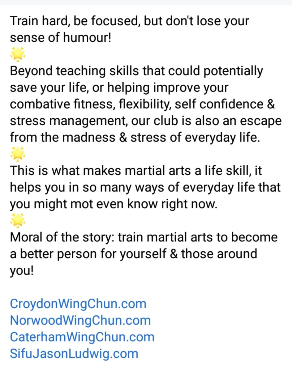 SifuLudwig's tweet photo. Don't take yourself too seriously! Enjoy the journey 🙏

#wckuk #wingchun #kungfu #sifujasonludwig #martialarts #croydon #wingtsun #sundaythoughts https://t.co/hPuQ1Ktxl1
