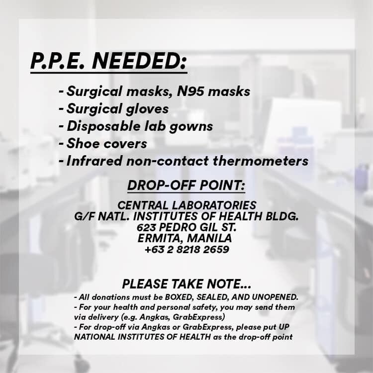 UP National Institutes of Health are also in need of actual medical supplies for their testing. Details below.

Thank you and spread the word!