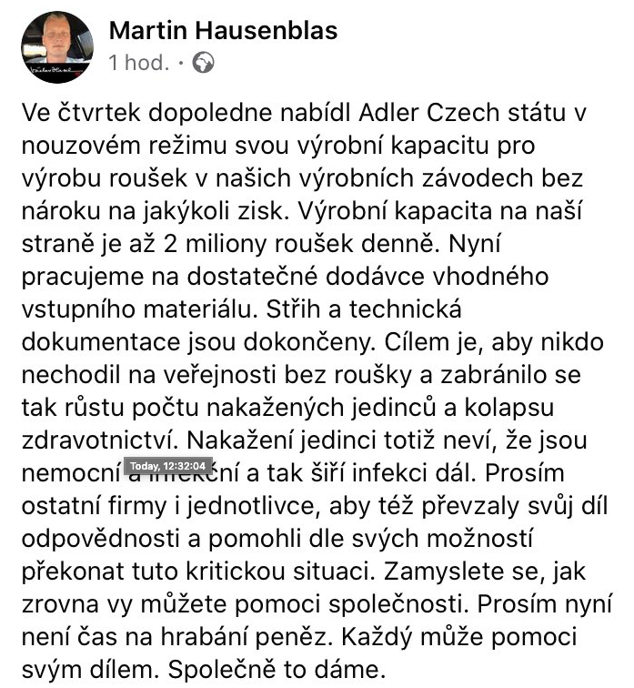 bibalukas's tweet photo. Martin Hausenblas nabídl státu výrobní kapacitu firmy Adler, což je 2 miliony roušek za den. Díky za každého takového Martina.

Proč mi přijde, že někdo jen svolává tiskovky a někdo maká. https://t.co/1O8VbqNuN6
