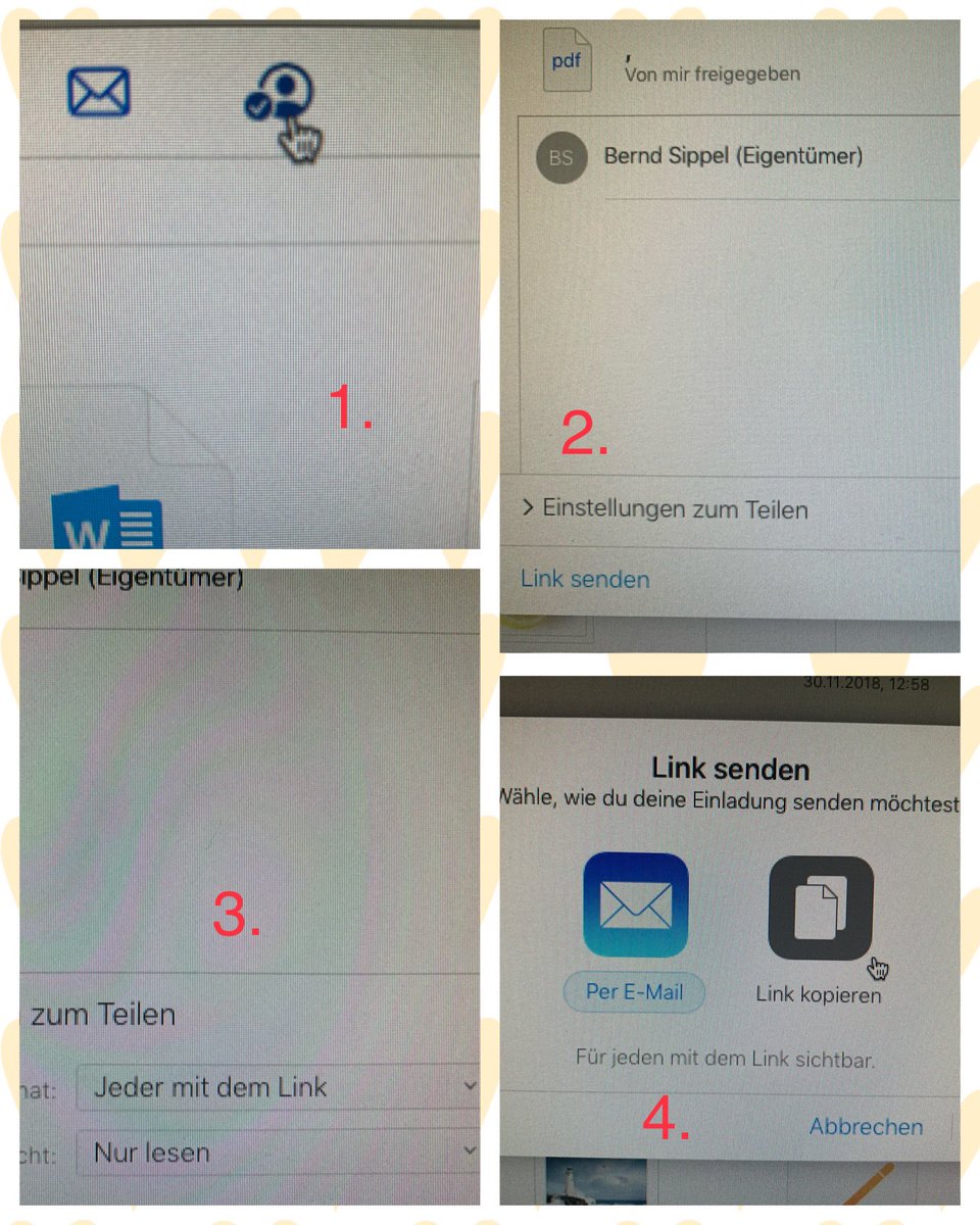 Wenn du #Apple #iCloud nutzt,kannst du Arbeitsmaterial einfach per Link teilen,auch an Su*S ohne Apple Gerät,im Browser auf iCloud.com einloggen>iCloudDrive>Datei auswählen>Person hinzufügen>jeder mit Link> nur ansehen>Link teilen Datei runterladen lassen <a href="/AppleEDU/">Apple Education</a>