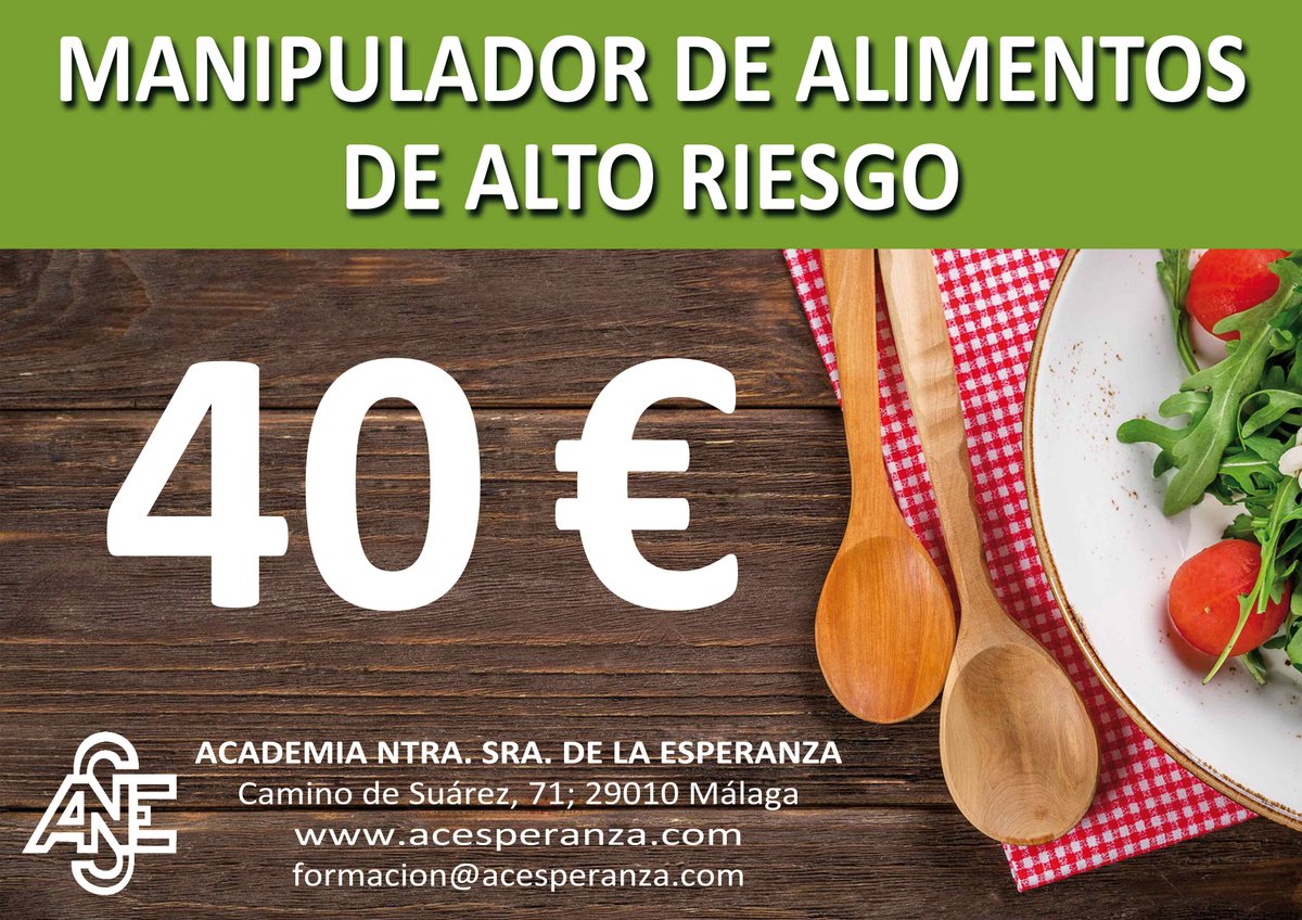 ¡Carné de MANIPULADOR DE ALIMENTOS DE ALTO RIESGO por sólo 40€!
VALIDEZ INDEFINIDA‼
acesperanza.com/manipulador-al…