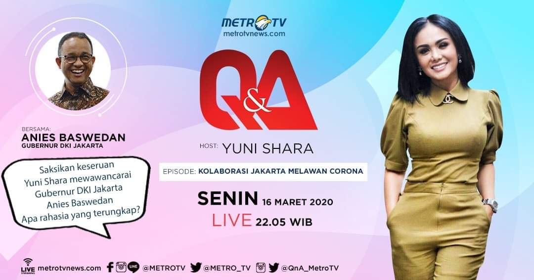 Tak ingin menunda kian masifnya penyebaran covid-19, Gubernur DKI Jakarta Anies Baswedan mengeluarkan beragam intruksi. Bagaimana upaya Pemprov DKI Jakarta untuk melindungi masyarakat? #QnAMetroTV “Kolaborasi Jakarta Melawan Corona' Senin (16/3) pukul 22.05 WIB LIVE di Metro TV.