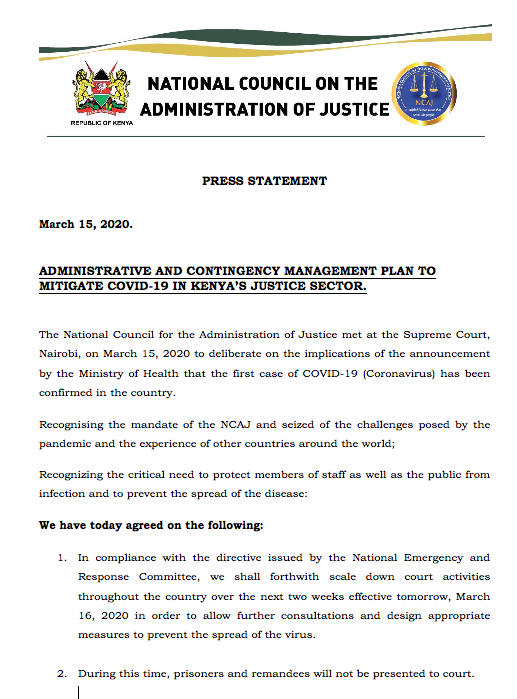 Kenyajudiciary's tweet image. NCAJ PRESS STATEMENT ON ADMINISTRATIVE AND CONTINGENCY MANAGEMENT PLAN TO MITIGATE COVID-19 IN KENYA’S JUSTICE SECTOR.