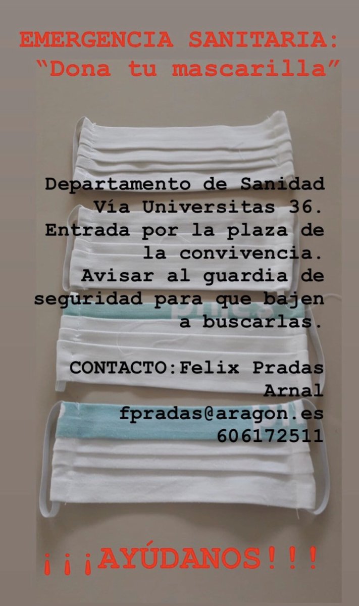 Si tienes mascarillas, en los hospitales de Zaragoza nuestros sanitarios las necesitan.
Ellos cuidan de nuestra salud y de la vida de los ingresados.
Cuidemos de ellos: