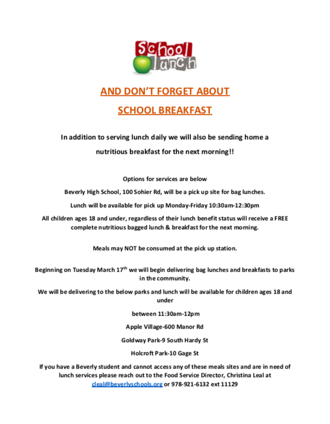 Beverly Public Schools is now serving breakfast in addition to lunch during closure!  #wearebeverlyschools
