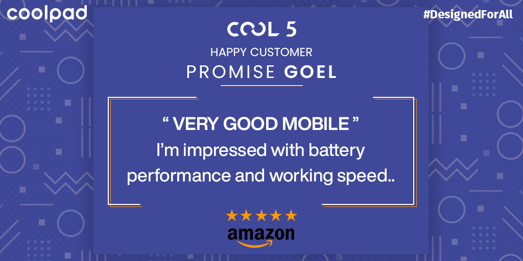 CoolpadInd's tweet photo. #AmazonReview #DesignedForAll @6999/-
Our happy &amp; satisfied customer shared this review about the #Cool5: “Excellent Features, impressive battery performance”. Buy #CoolpadSmartphones and share yours: https://t.co/ayCsNzf2Uw https://t.co/TbVmYZ3Ca8