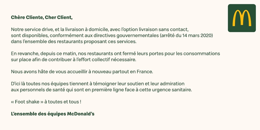 McDoFr_Newsroom's tweet photo. [1/3] #COVID19 Dans le respect des consignes du Gouvernement, nos restaurants sont fermés pour contribuer à cet effort collectif nécessaire. Plus d'infos ⬇️ https://t.co/ORgYvE21oG