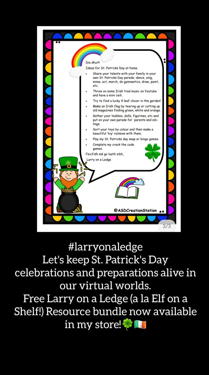 AsdStation's tweet photo. Keep the magic of St. Patrick's Day alive with this free bundle including Irish phrases, vocab, maths, snap, bingo games and a letter from Larry on a Ledge (our class leprechaun who visits yearly for #SnaG20 and gets up to so much mischief a la Elf on the Shelf!) #larryonaledge https://t.co/AzPhgTPJG2