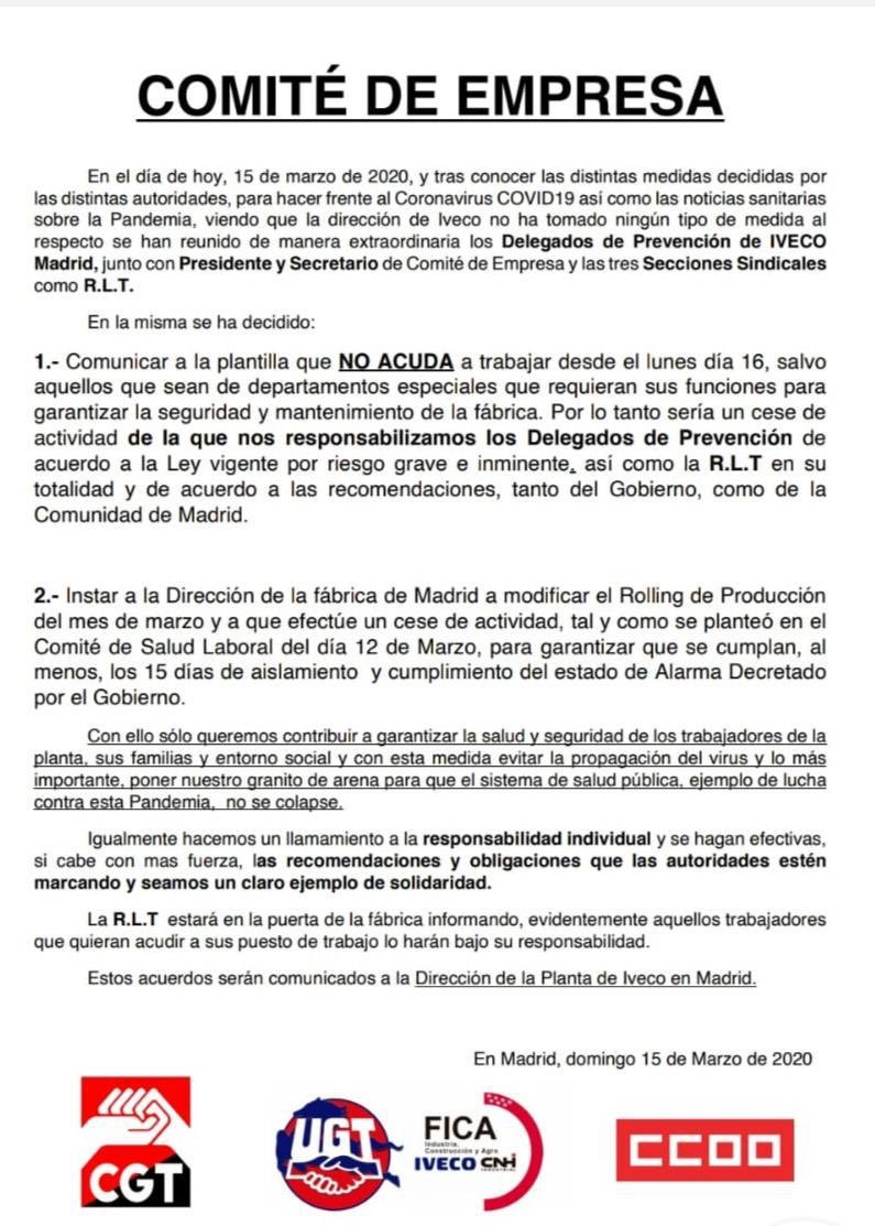 ddiaz86's tweet photo. Ahora manda comunicado pero los sindicatos pero ni @IvecoES ni @CNHIndustrial se pronuncian. Todo bajo la responsabilidad de los trabajadores https://t.co/E899GPNoDP