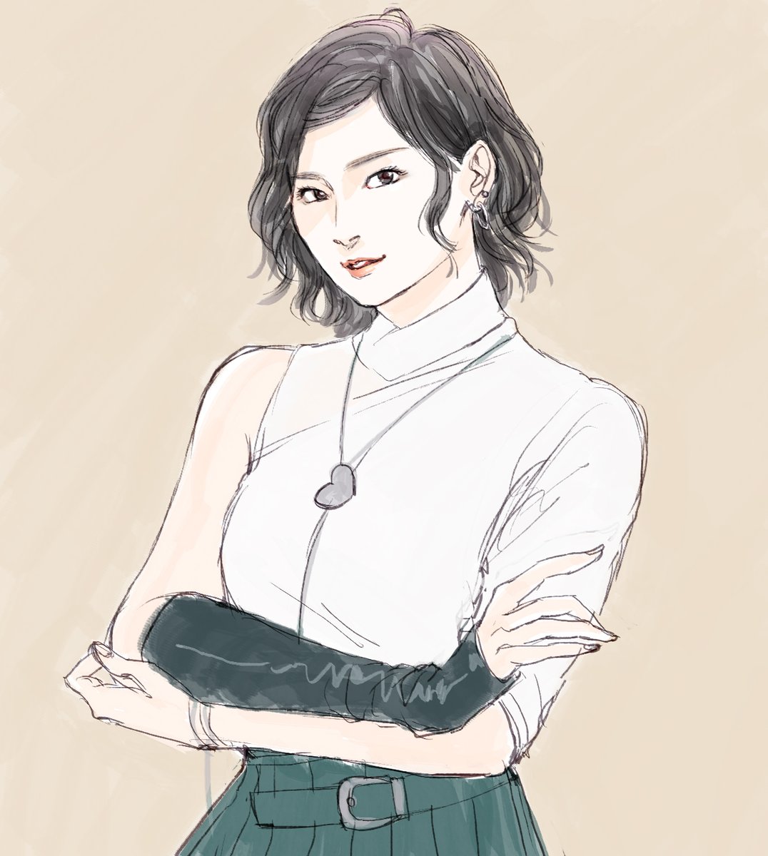 1girl solo jewelry black hair skirt necklace green skirt  illustration images