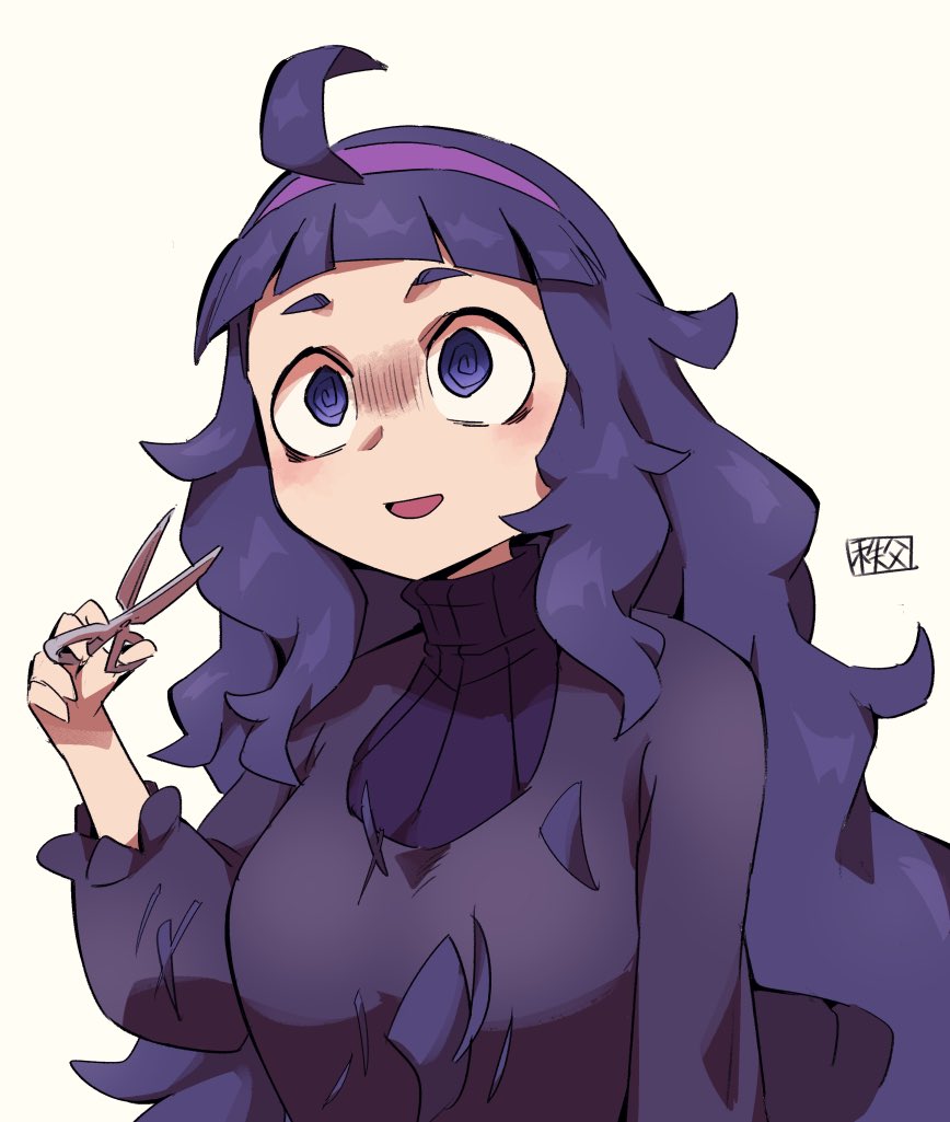 hex maniac (pokemon) 1girl purple hairband solo long hair ahoge hairband scissors  illustration images