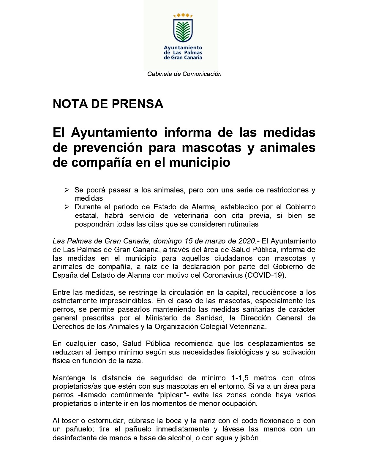 Ayuntamiento de Las Palmas de Gran Canaria on Twitter: "#AVISO | Les  informamos de las medidas de prevención para mascotas y animales de  compañía en el municipio, a raíz del la declaración
