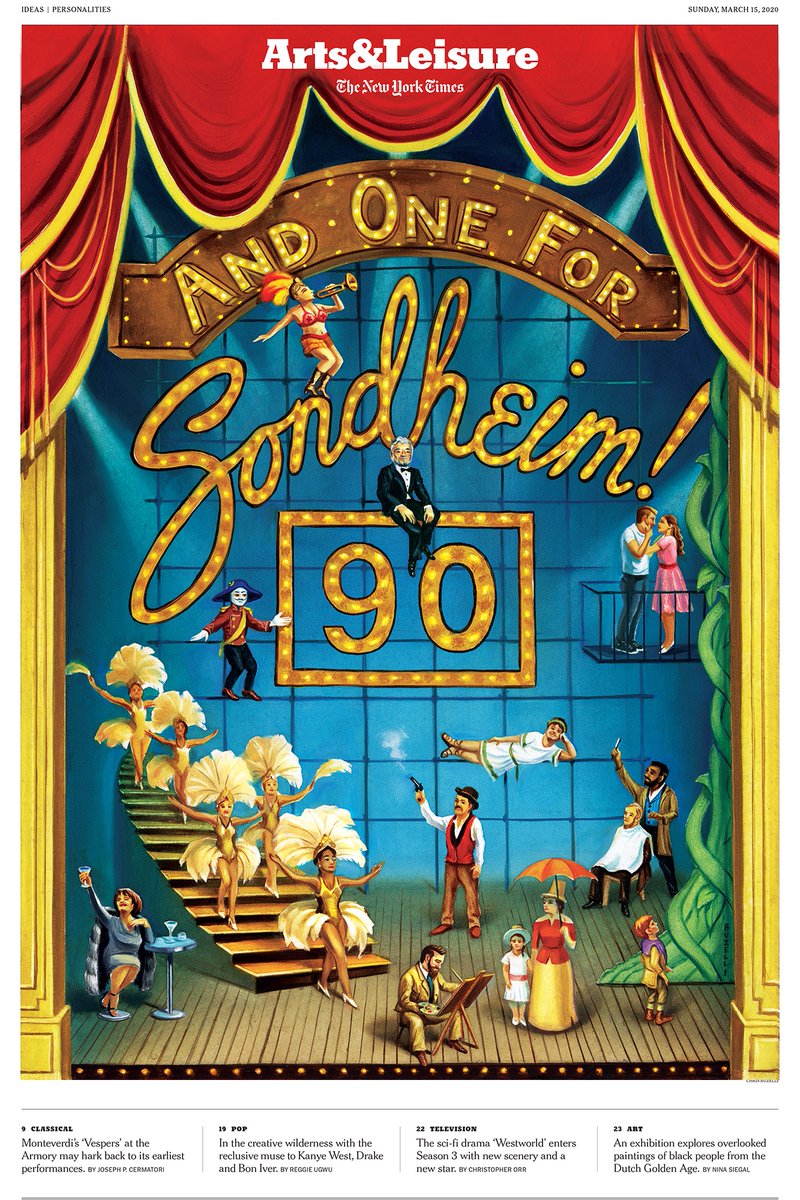 My cover of today's <a href="/nytimes/">The New York Times</a> ! The great musical theater composer, Stephen Sondheim, turns 90 and I was asked to create an homage to him and some of his greatest musicals. (Can you guess all 10?). Thank you AD Jen Ledbury! Sondheim/oil on board/14"x20"