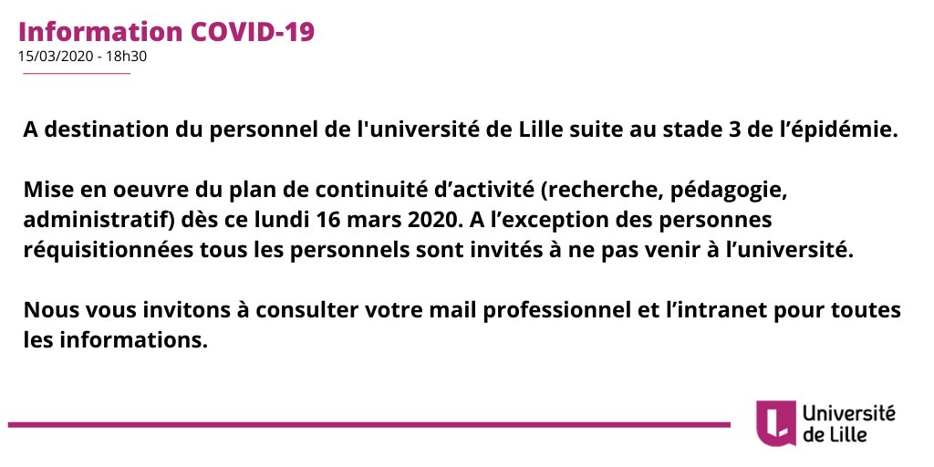 univ_lille's tweet image. Message à destination du personnel de l'université de Lille suite au stade 3 de l’épidémie. #UnivCovid19