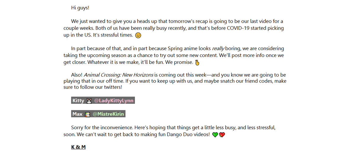 DangoDuo's tweet photo. Stay safe, and see you in a couple weeks. 💚💖
—K&amp;M https://t.co/3k5JEscLsX