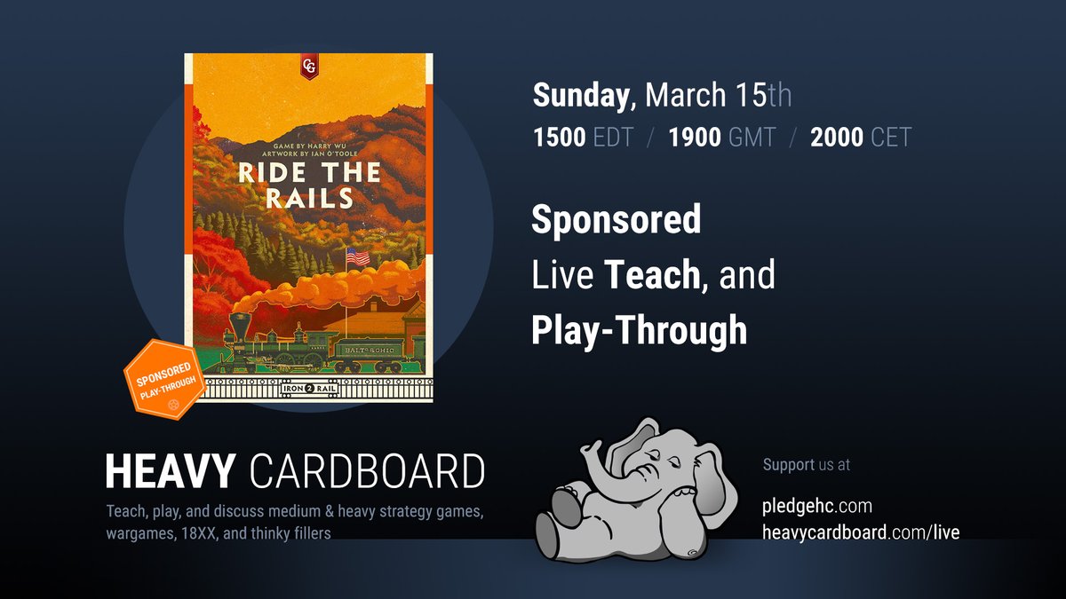 HeavyCardboard's tweet image. At 1500 EST today, we&apos;re streaming #RideTheRails the latest in the #IronRails series by @Capstone_Games w/artwork by @ianotooletweets.

Preorder ends Mar 21, so join us LIVE to learn the game &amp;amp; see it played! Clay from Capstone will be in chat too!

#CCMF

youtube.com/watch?v=zD4ADq…
