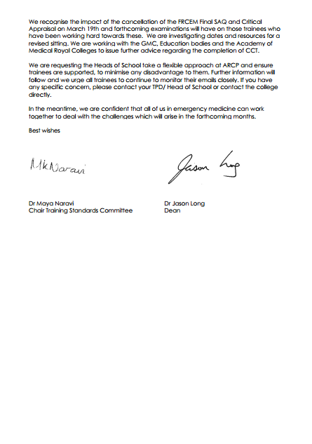 Letter to Emergency Medicine Trainees from the Dean and Head of Training Standards Committee. We shall be emailing all Trainees tomorrow and have shared with <a href="/EMTAcommittee/">EMTA</a> pending this rather, than wait until tomorrow.