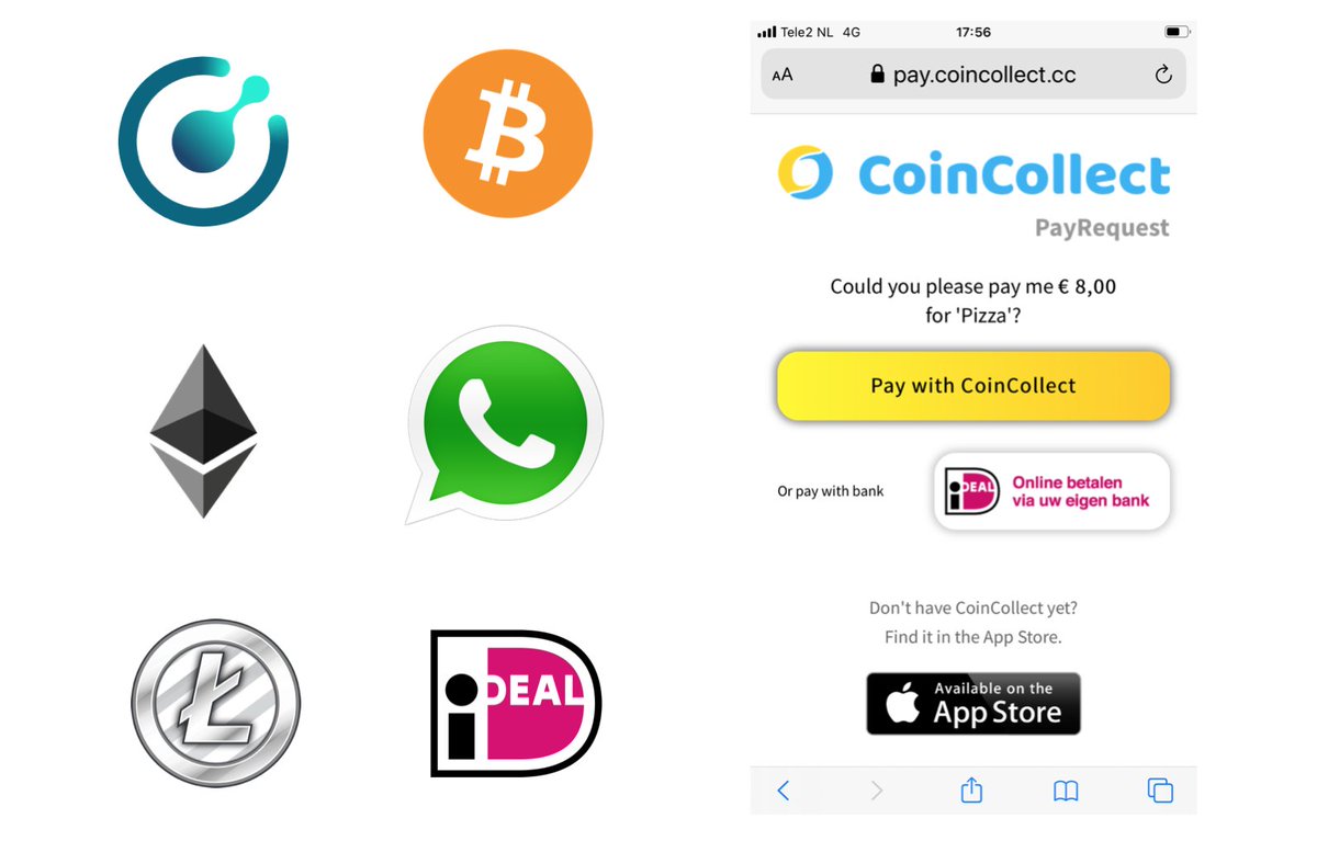 CoinCollectHQ's tweet image. NEW: Send easy payment requests in #euro to your friends using for instance #WhatsApp, #Signalapp or SMS &amp;amp; get paid in #crypto! Your #Dutch friends can even pay in #euro with their #debit card using #iDeal. Try it now on #iOS &amp;amp; #Android: coincollect.cc #socialpay