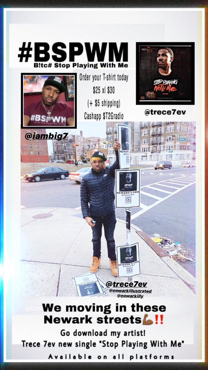 Time2GrindRadio's tweet photo. The grind don’t stop! @iamBig7 Making Big moves with his new artist @trece7ev if you see these posters in Newark, Scan the code🎧🔥 #newmusic #newmusic #soundon #scanbarcode #streetpromo #nimg is the #recordlabel #bspwm #nj #newarksown #rt https://t.co/5PXCvESGCq