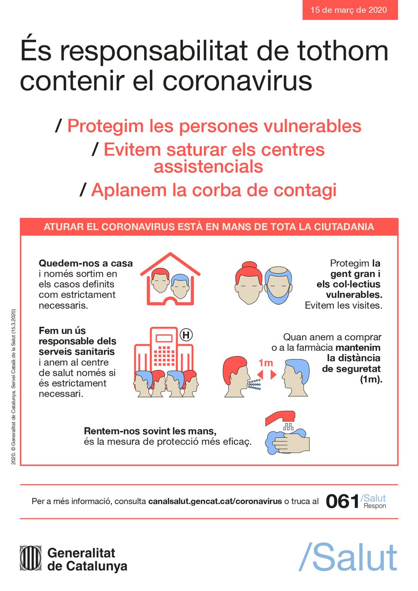 El confinament 🏡 és essencial per a no contagiar-se i per no contagiar a ningú més ✅

👉 És una mesura dràstica davant una situació complicada que ens ajudarà a #FrenarLaCorba del #coronavirus 🦠 #JoActuo