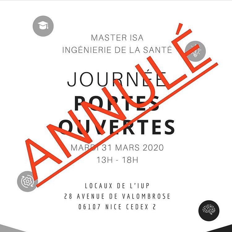 JuniorI2SA's tweet photo. Bonjour à tous,
Suite aux récentes décisions gouvernementales, nous avons le regret de vous annoncer l’annulation de la JPO du master ISA prévue le 31 mars. Nous restons à votre disposition pour toutes questions. Prenez soin de vous. https://t.co/yJF615ukx1