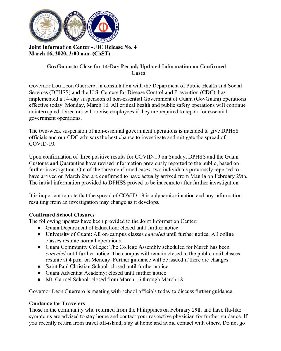 GuamDOE's tweet photo. GovGuam and all GDOE schools are closed for a 14-day period effective Monday, March 16, 2020. https://t.co/pu66hI3UEv